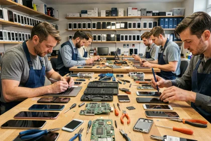 Atelier de réparation de smartphones dans les Côtes-d'Armor avec techniciens au travail