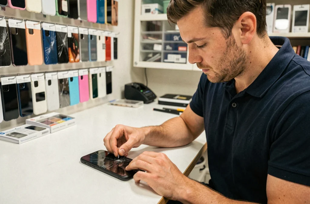 Technicien de Restart Informatique et Téléphonie remplaçant l'écran d'un smartphone à Paimpol