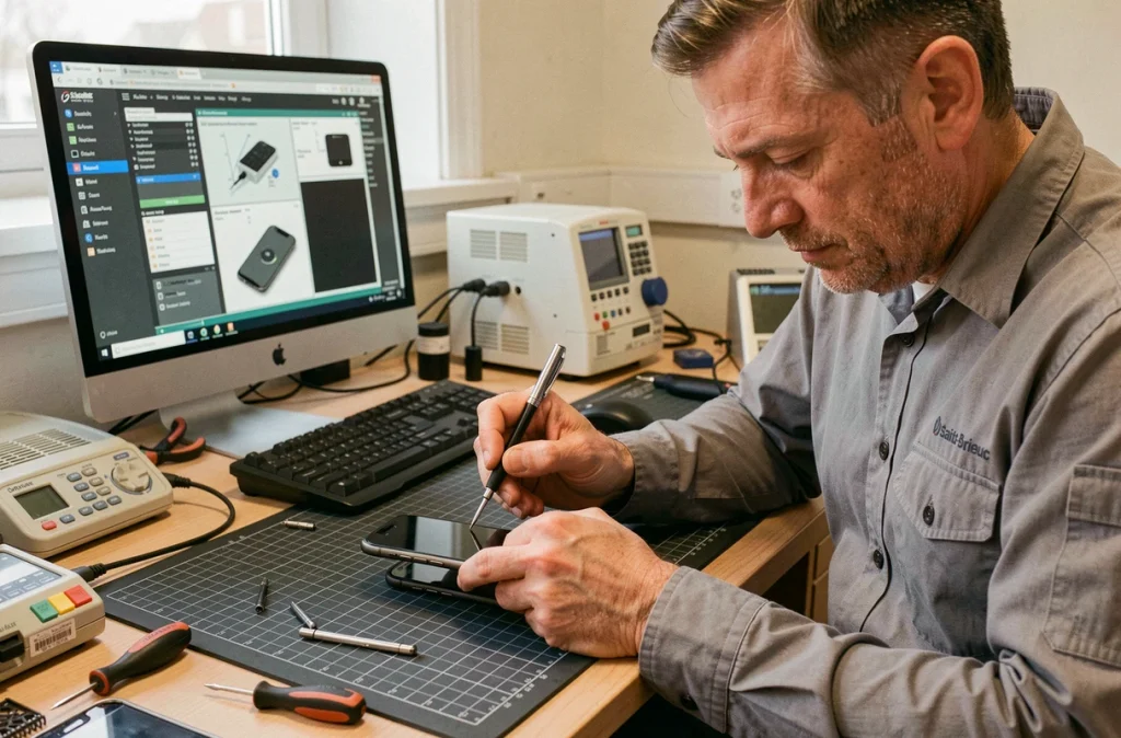 Technicien de la Société Briochine Service Informatique réparant un smartphone à Saint-Brieuc