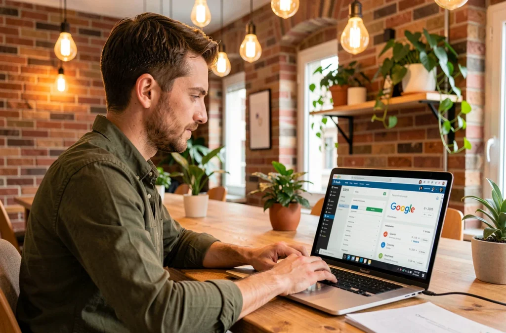 Développeur WordPress travaillant sur la conception de sites et le référencement naturel dans un espace de travail créatif à Saint-Germain-en-Laye